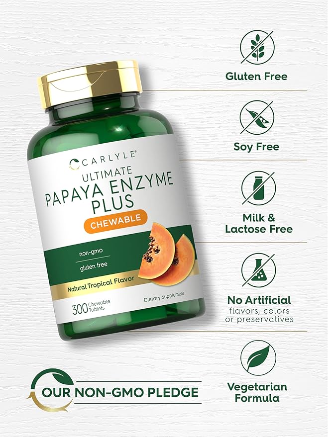 Carlyle Papaya Enzyme Chewable Tablets | Vegetarian, Non-GMO, Gluten Free Formula | Tropical Flavor