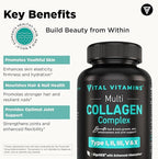 Vital Vitamins Multi Collagen Capsules - Type I, II, III, V, X - Grass-Fed, Collagen Peptides Supplements, Non-GMO - for Men & Women - 150 Count