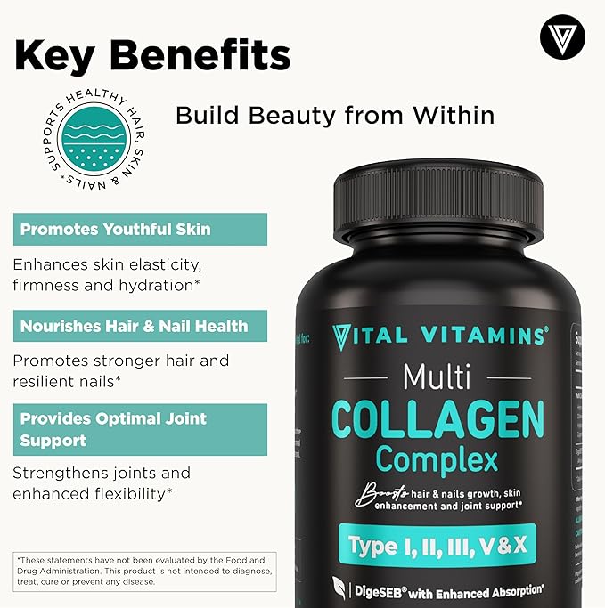 Vital Vitamins Multi Collagen Capsules - Type I, II, III, V, X - Grass-Fed, Collagen Peptides Supplements, Non-GMO - for Men & Women - 150 Count