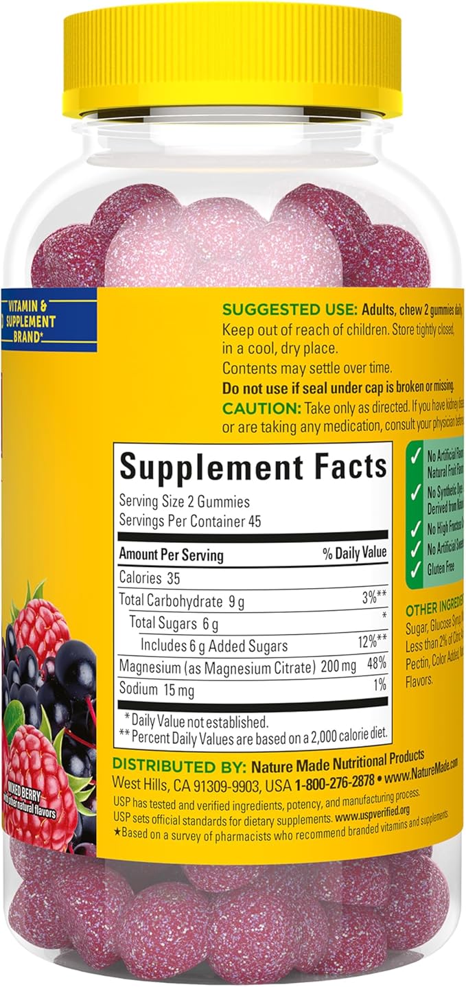 Nature Made High Absorption Magnesium Citrate 200 mg per serving, Magnesium Supplement for Muscle, Nerve, Bone and Heart Support, 90 Magnesium Gummies, 45 Day Supply