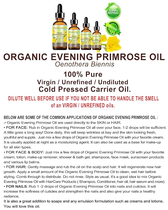 Botanical Beauty Organic EVENING PRIMROSE OIL 100% Pure Natural Undiluted Unrefined Virgin Cold Pressed Carrier Oil for face, skin, hair, nails (2 Fl Oz 60 ml)