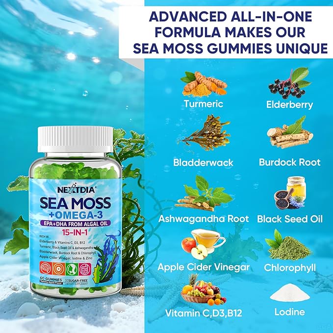 2 Pack Sea Moss Gummies for Men Women, Vegan 15-IN-1 Irish Seamoss Superfood with/Bladderwrack & Burdock Root, Turmeric, Elderberry, Vitamins B12 D3, EPA DHA, Sugar-Free, Support Energy, Brain, Immune