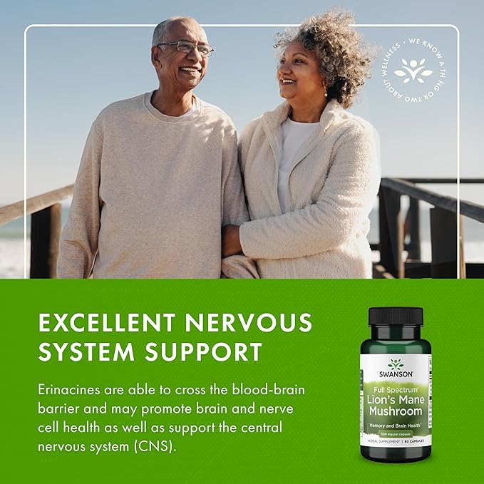 Swanson Lion's Mane Mushroom Brain Health Supplement for Professionals Seeking Mental Focus, Memory, and Clarity Support - 500 mg (60 Vegan Capsules, 4 Bottles)