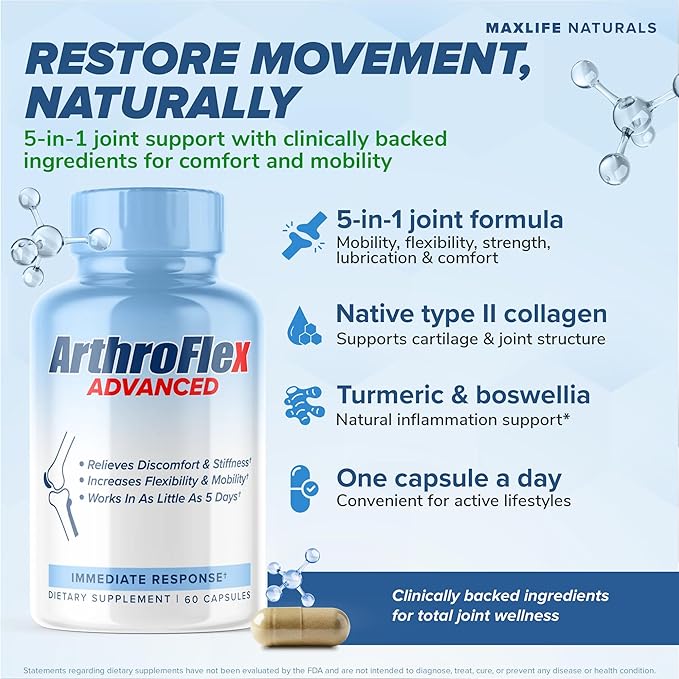 MAXLIFE NATURALS ArthroFlex Advanced Joint Health Supplement – 60 Capsules - Vital Joint Supplements for Women and Men, Type II Collagen Cartilage Supplement, Made in USA Health Care Supplements