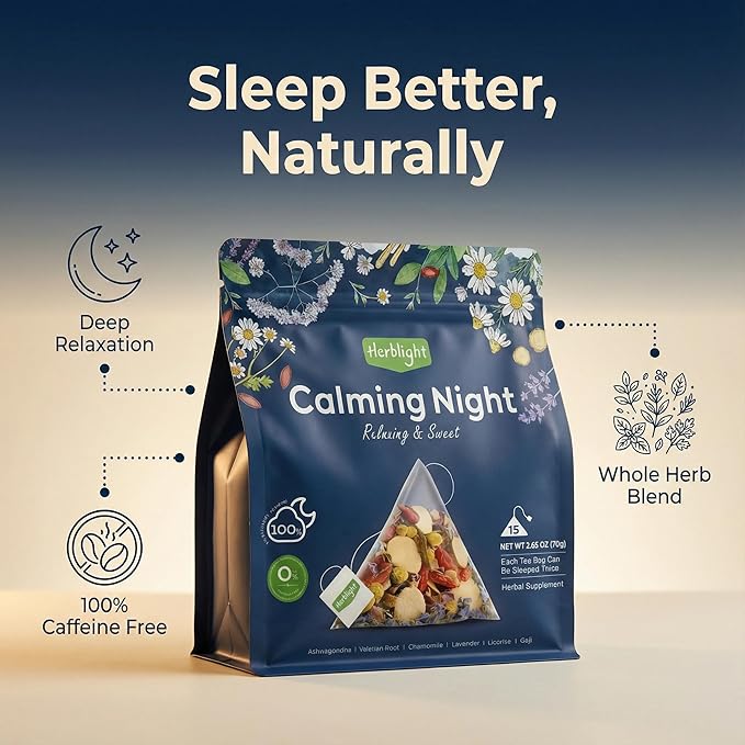 Herblight Bedtime Tea with Valerian Root & Ashwagandha (2 Pack) - 30 Bags Value Set - Caffeine-Free Herbal Tea for Sleep Support & Deep Relaxation - Premium Whole Leaf Blend