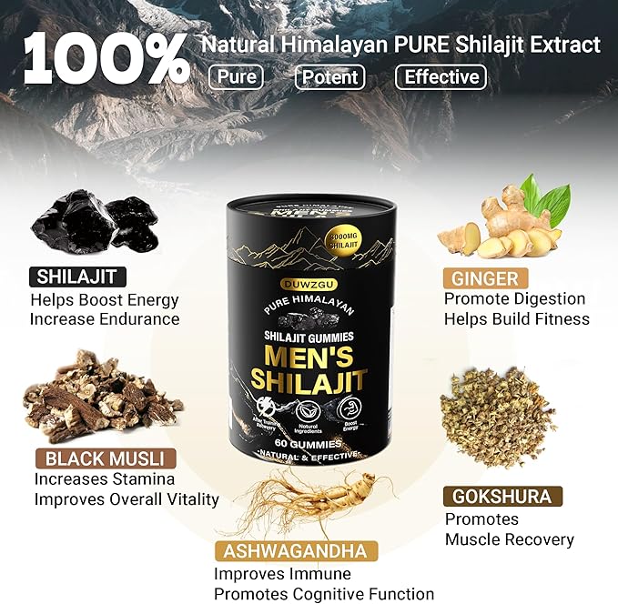 Himalayan Shilajit Gummies for Men & Women –100% Natural Organic Gold Gummies 3000mg with Ashwagandha,Black Musli,Helps Boost Energy,Gokshura,Stamina Vitality Support -Vegan, Non-GMO - 60 Gummies