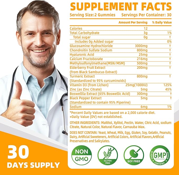 Nutravita Glucosamine Chondroitin Gummies with MSM & Elderberry Extra Strength - Joint Support, Antioxidant Immune Support Supplement for Adults, Men & Women.60 Orange Chews