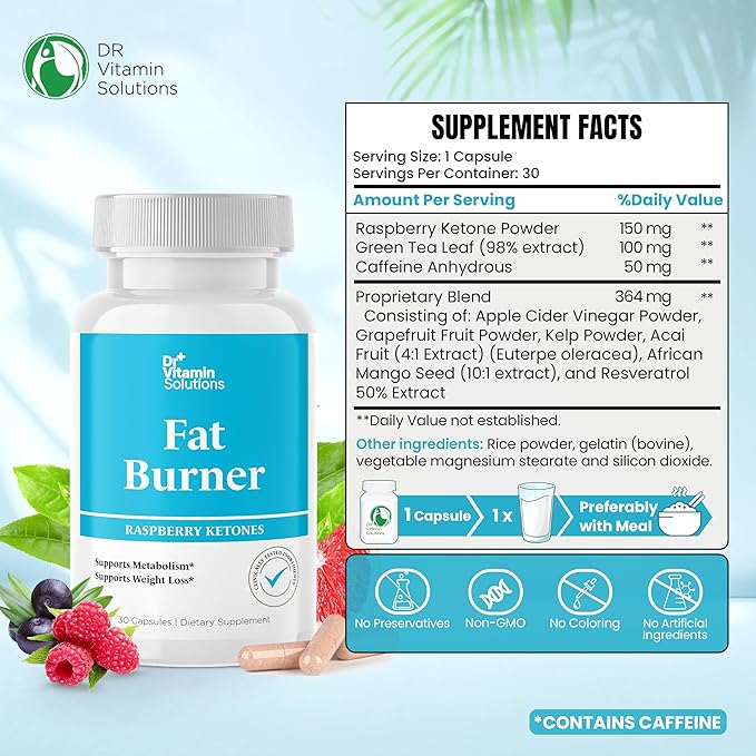 Fat Burner with GLP‑1 Support – Raspberry Ketones, Green Tea & Kelp – Metabolism & Appetite Support for Women & Men – 30 Capsules