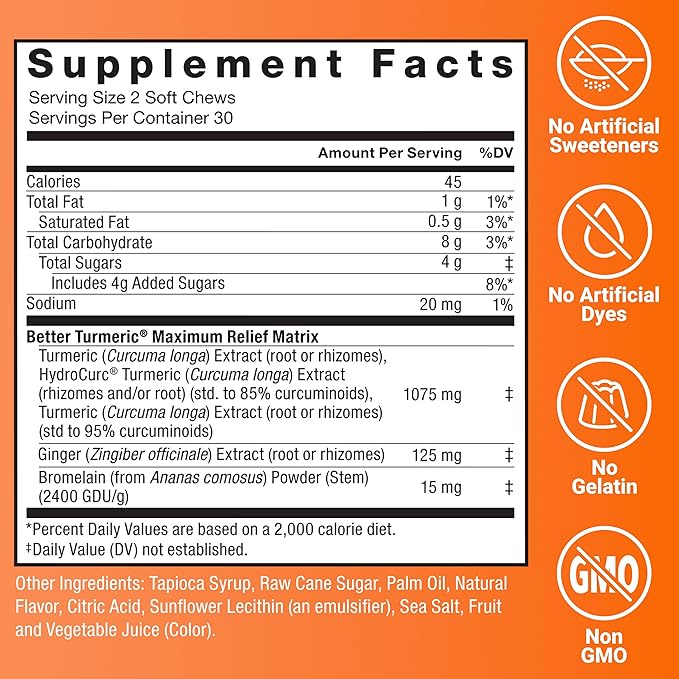 Force Factor Better Turmeric Maximum Joint Support, 1075mg Curcumin with Ginger to Support Mobility, Flexibility & Comfort, Chews More Convenient Than Turmeric Gummies, Fruit Punch, 60 Soft Chews
