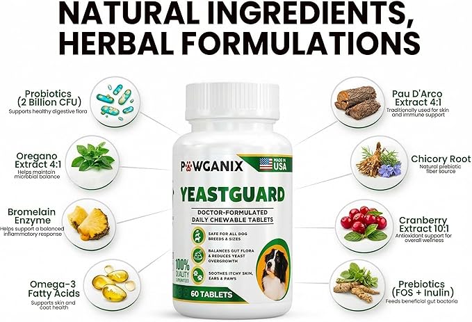 Probiotics for Dogs – Daily Support for Yeast Infection & Itchy Skin, Allergy, Paw Licking & Itchy Ears Relief – Pawganix YeastGuard Supplement (60 Chewable Tablets)