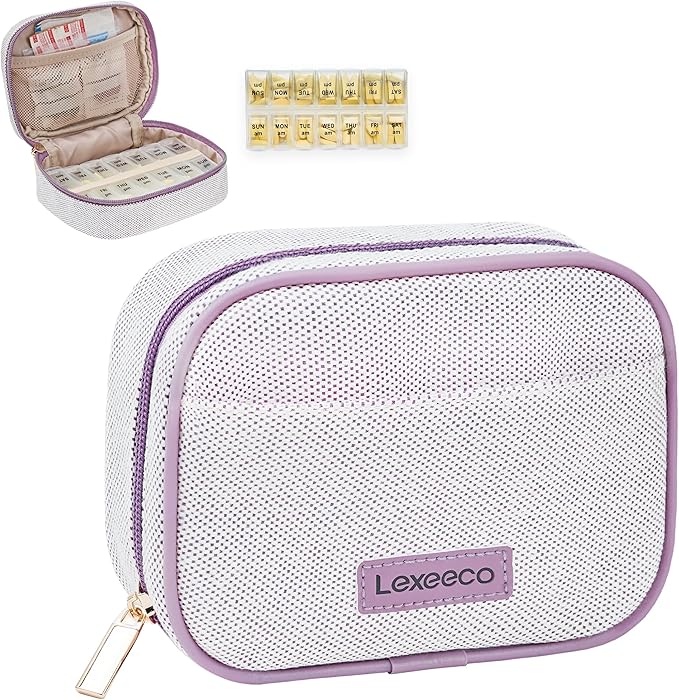 Weekly Travel Pill Organizer 2 Times A Day Pill Case for Purse with Removable AM PM 7 Day Pill Box Holder,Cute Medication Organizer Pill Container for Medicine, Vitamin, Supplement (Purple, Medium)
