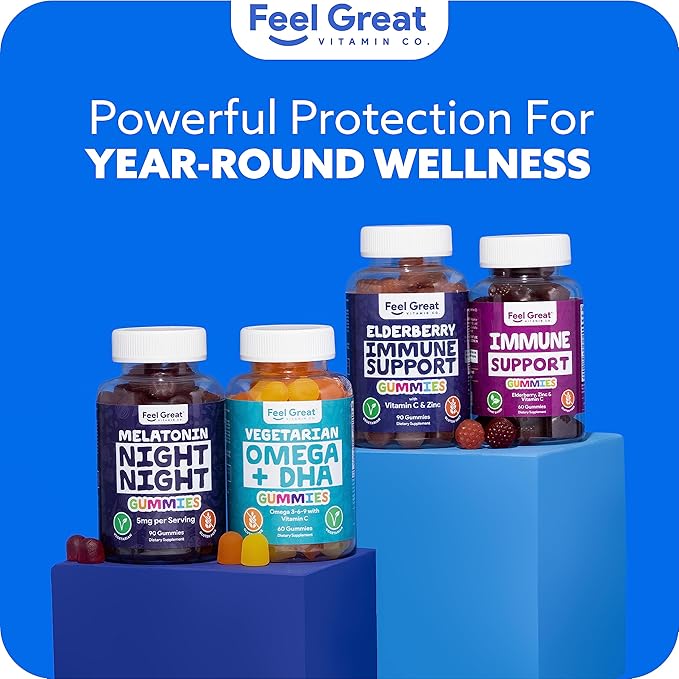 Feel Great Sambucus Elderberry Gummies with Zinc and Vitamin C for Adults | Immune Support Booster | Berry Flavored Vegan Supplement | 90 Day Supply 