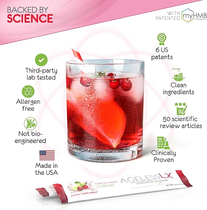 AgelessLX Powder Supplement for Women - with HMB Collagen Enhancer Plus Vitamin D3 with K2, Horsetail and Biotin for Lean Muscle and Stronger Hair and Nails - 30 Powder Packets, Cherry Limeade