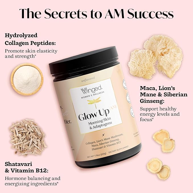 Winged Wellness Glow Up AM, Collagen Powder for Women - Morning Beauty Supplement for Glowing Skin with Grass-Fed Hydrolyzed Collagen Peptides, Lion's Mane & Shatavari - 21 Servings, Unflavored