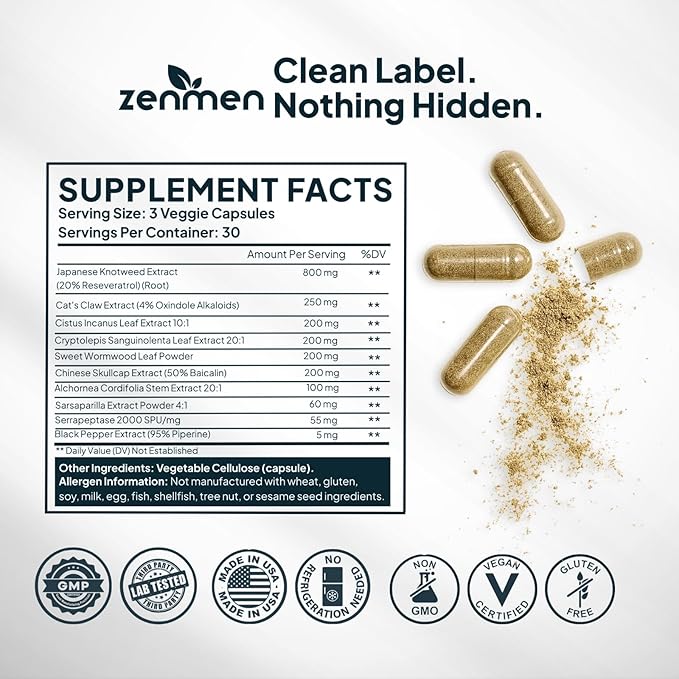 Zenmen Tick Immune Support Supplement - Improved Formula - Japanese Knotweed, Cat's Claw, Chinese Skullcap, Cryptolepis Sanguinolenta, Sweet Wormwood - 90 Vegan Capsules, Made in The USA