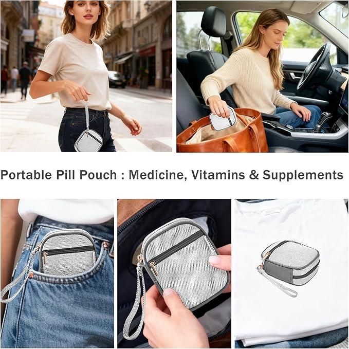 Weekly Travel Pill Organizer 3 Times A Day Pill Case for Purse with Removable 7 Day Pill Box Holder,Cute Medication Organizer Pill Container for Medicine, Vitamin, Supplement(Dark Grey, Large)