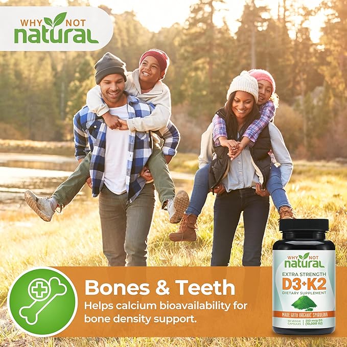 Why Not Natural Vitamin D3 K2 (MK-7) with Organic Spirulina, 10000 IU Extra Strength Supplement in Veggie Capsules, Supports Bone Health, Immune System and Mood