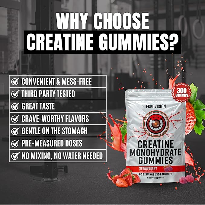 Ekkovision Creatine Monohydrate Gummies for Men and Women, Orange Citrus Flavor, Sugar Free Creatine Gummies for Pre Workout, Muscle Strength and Recovery, Vegan & Travel Friendly, 300 Ct, 60 Servings