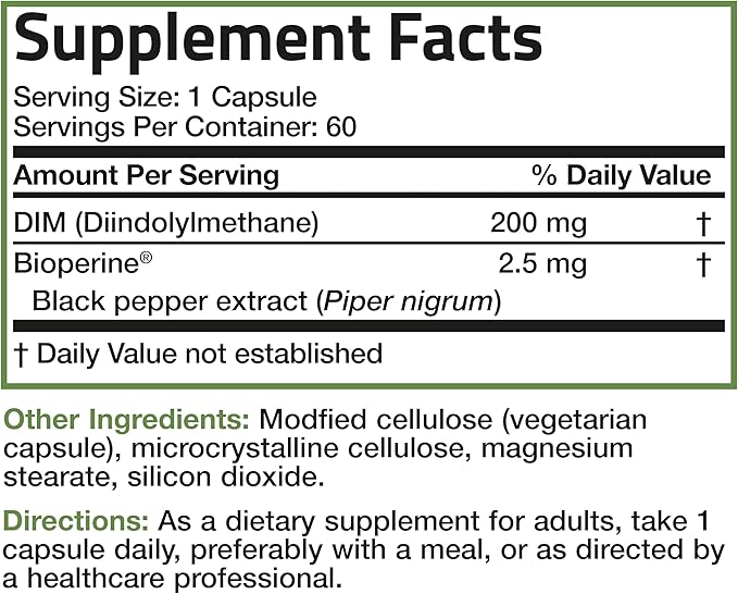 Bronson DIM 200 MG Supplement Diindolymethane with BioPerine for Enhanced Absorption, Estrogen Metabolism & Maintains Balanced Hormone Levels, 60 Vegetarian Capsules