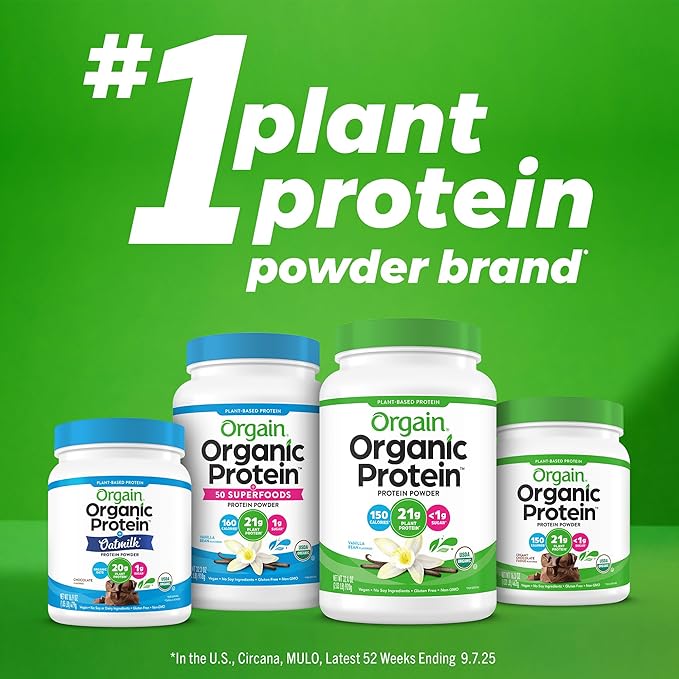 Orgain Organic Vegan Protein Powder, Creamy Chocolate Fudge - 21g Plant Protein, 7g Prebiotic Fiber, Low Net Carb, No Lactose Ingredients, No Added Sugar, Non-GMO, For Shakes & Smoothies, 1.02 lb