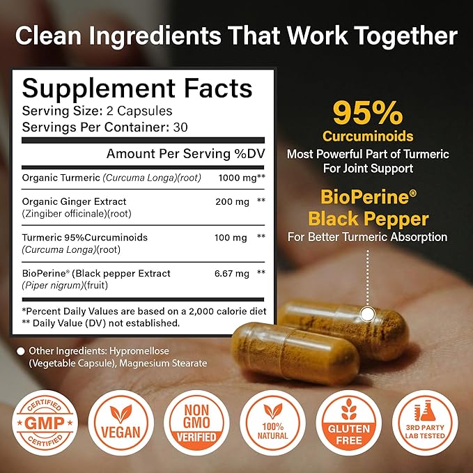 Sleeve Stars Turmeric Curcumin Supplement with Ginger & Black Pepper Bioperine, Joint Supplements for Men & Women, Joint Support & Inflammation Relief, Non-GMO Gluten-Free & Vegan, 1000mg 60 Cap