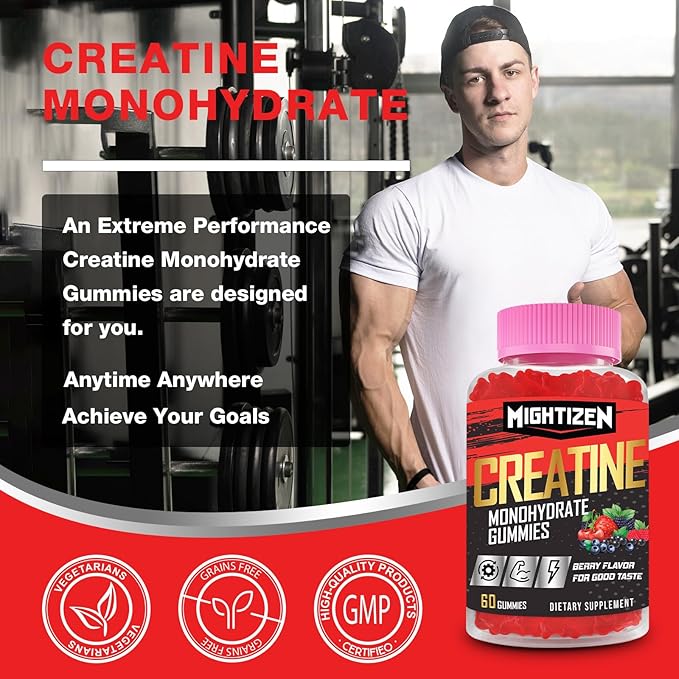Creatine Monohydrate Gummies for Men & Women, Creatine for Women Chewables Creatine Monohydrate with Taurine & Vitamin B12, Pre-Workout Gummies for Max Strength, Energy & Endurance, Berry 60 Counts
