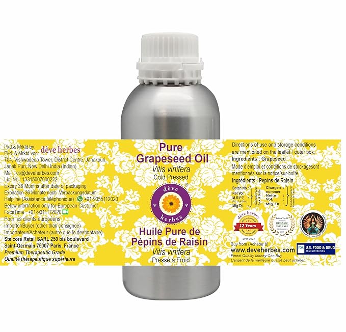 Deve Herbes Pure Grapeseed Oil (Vitis vinifera) 100% Natural Therapeutic Grade Cold Pressed 1250ml (42.2 oz)