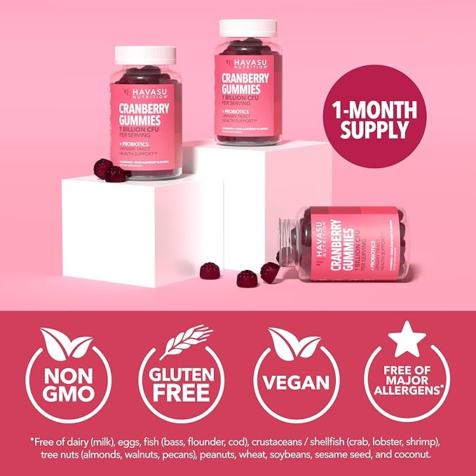 Probiotic Cranberry Gummies for Women - Urinary Tract Health and pH Balance - 1 Billion CFU of Lactobacillus for Bladder Support and Vaginal Wellness - Cran-Raspberry Flavor, 60 count, 1-Month Supply