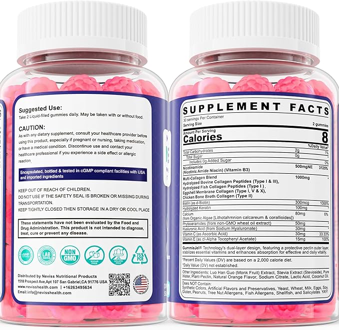 NEVISS Nicotinamide 500mg Gummies, Niacinamide Supplement with Collagen Peptides, (Flush Free Niacin) Vitamin B3 Niacinamide for Anti-Aging, NAD+ Levels, Longevity, Focus & Brain, Sugar Free, 60Cts