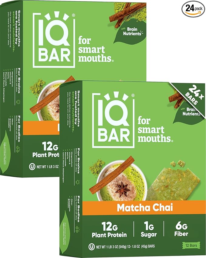 IQBAR Clean Plant Protein Bars - Matcha Chai - 24 Count - Keto, Vegan, High Fiber, Gluten and Dairy Free, Low Sugar Snack - Brain and Body Nutrients for Focus, Energy, Meal Replacement