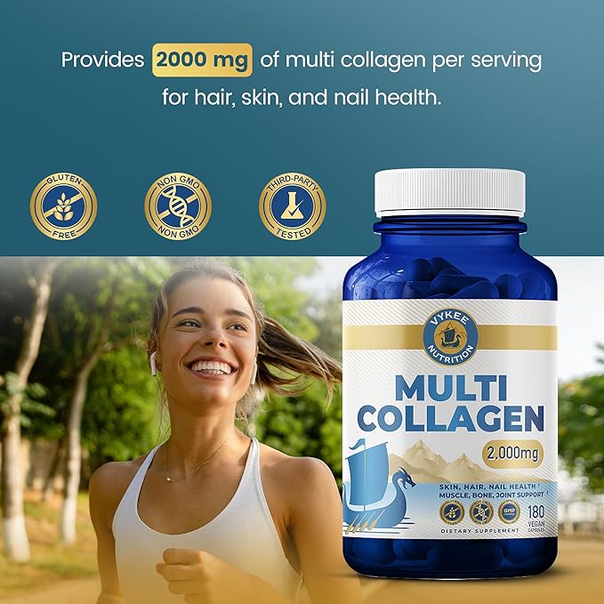 Vykee Nutrition Multi Collagen Capsules with Biotin + Hyaluronic Acid - Hair, Skin & Nail Support - Non-GMO, Gluten Free Dietary Supplement - 180 Capsules