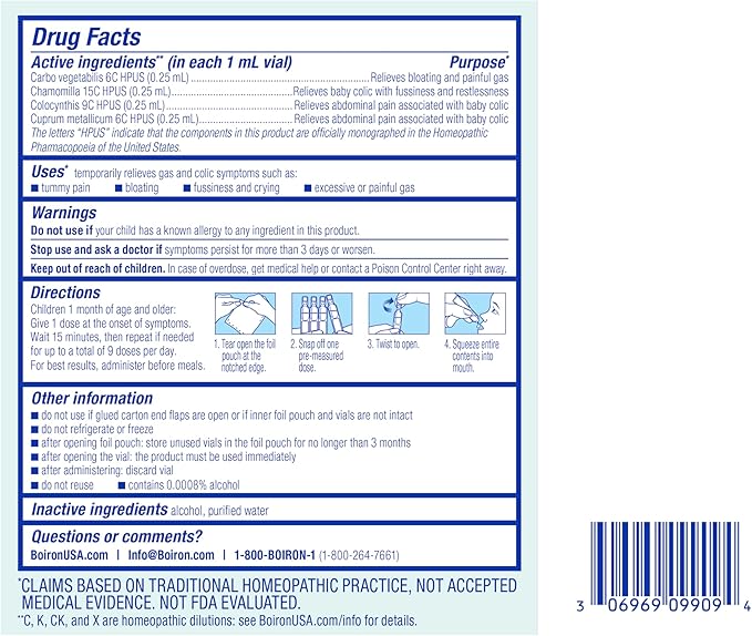 Boiron Camilia Tummy for Colic, Painful Gas, Bloating, & Fussiness- Sterile and Non-Drowsy Liquid Doses - 30 Count (Packaging May Vary)