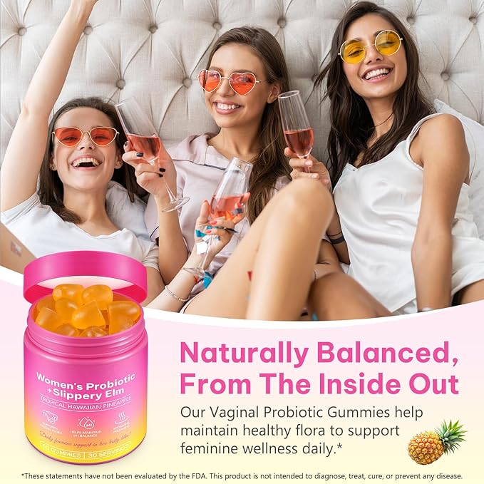 Feminine Probiotic Gummies with Slippery Elm, Pineapple Probiotics Gummies for Women PH Balance, Gut & Immune Support, Yeast Balance, Prebiotics & Lactobacillus Blend | Vegan & Sugar-Free, 60 Gummies