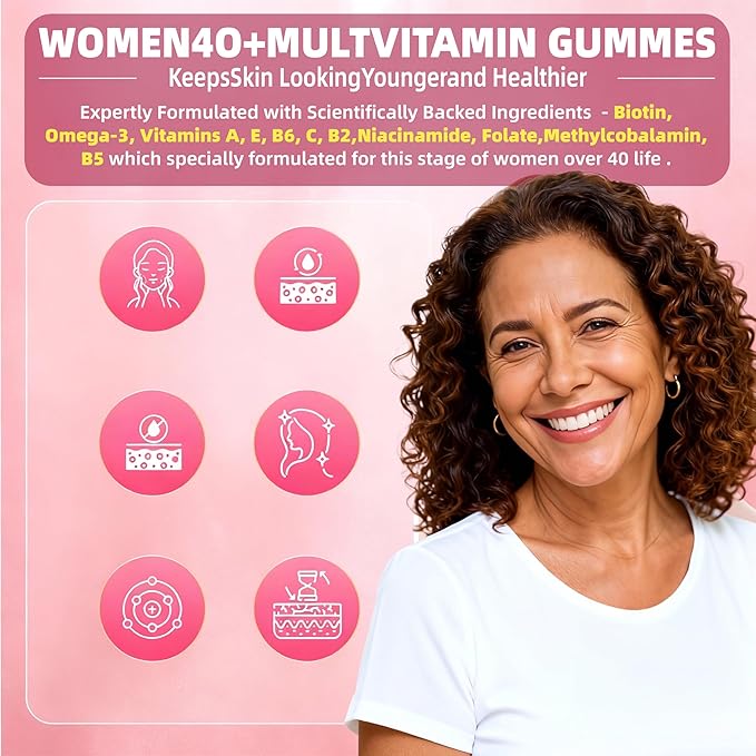 Multivitamin for Women Gummies for 40+ with Omega-3, Niacinamide, B-Complex, Lutein, Iron, Choline, Phosphatidylserine, Vitamin D3 for Skin, Hair, Energy, Immune, Bone - Vegan, Sugar Free, 120Cts