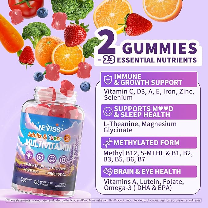 Teen Vitamins Methylated Multivitamin Gummies for Boys Girls 12-17 w/ Magnesium Glycinate, Omega-3, L-Theanine for Teens Kids Calm & Focus Gummies Supplement, 23-IN-1 Formula, Sugar Free, 120 ct