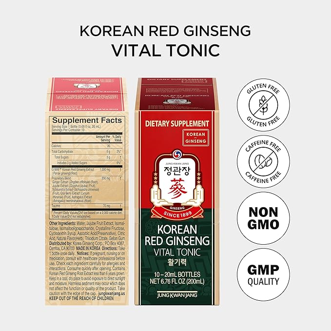 JUNG KWAN JANG Vital Tonic Korean Red Ginseng, Ginger, Fruit Blend Wellness Shots for Energy, Focus, Circulation and Immunity Supplement, 10 Count