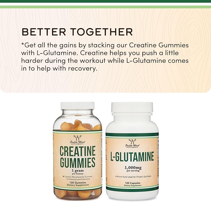 Creatine Monohydrate Gummies - 1g per Serving, 120 Count - No Fillers, Vegan Safe, Non-GMO, Gluten Free by Double Wood