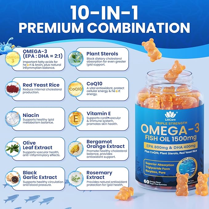 Fish Oil Omega 3 Gummies 1500mg for Adults - Triple Strength with EPA & DHA, COQ10, Red Yeast Rice - Wild Caught Omega 3 Fatty Acids Supplements for Hḙar-t & Brain - Sugar Free, Burpless, 120 Count