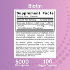 Jarrow Formulas® Biotin Ultra Strength 5000 mcg, Dietary Supplement, Hair, Skin, and Nails Support, 100 Veggie Capsules, Up to 100 Day Supply