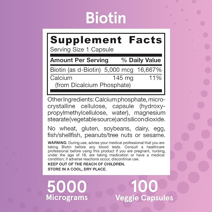 Jarrow Formulas® Biotin Ultra Strength 5000 mcg, Dietary Supplement, Hair, Skin, and Nails Support, 100 Veggie Capsules, Up to 100 Day Supply