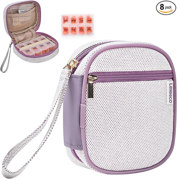 Weekly Travel Pill Organizer Pill Case for Purse with Removable 7 Day Pill Box Holder,Cute Medication Organizer Pill Container for Medicine, Vitamin, Fish Oils,Supplement (Purple, Small)