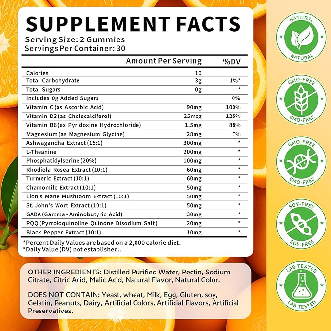 15-in-1 Cortisol Gummies, Cortisol Supplements with Magnesium Glycinate Ashwagandha Rhodiola Rose and L-theanine Complex for Relaxation, Zzz Support and Cortisol Levels, Orange Flavor, 60 Count