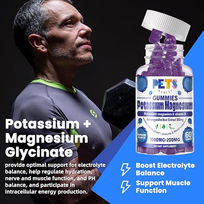 Potassium Magnesium Gummies - High Absorption Magnesium Glycinate & Potassium Citrate Plus Omega 3, B6, D3, K2 & Calcium - Chewable Gummy for Leg Cramps, Immunity & Energy-Blueberry 60 Gummies
