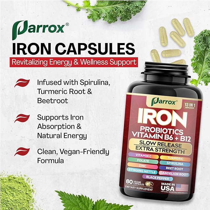 Iron Supplement, Slow Release Iron, Probiotics, Spirulina, Turmeric, Vitamin B6, Methylated B12, Vitamin C, Zinc, Beetroot, Nettle Leaf, Dandelion Root, Black Pepper, Extra Strength, 60 Capsules 3Pack