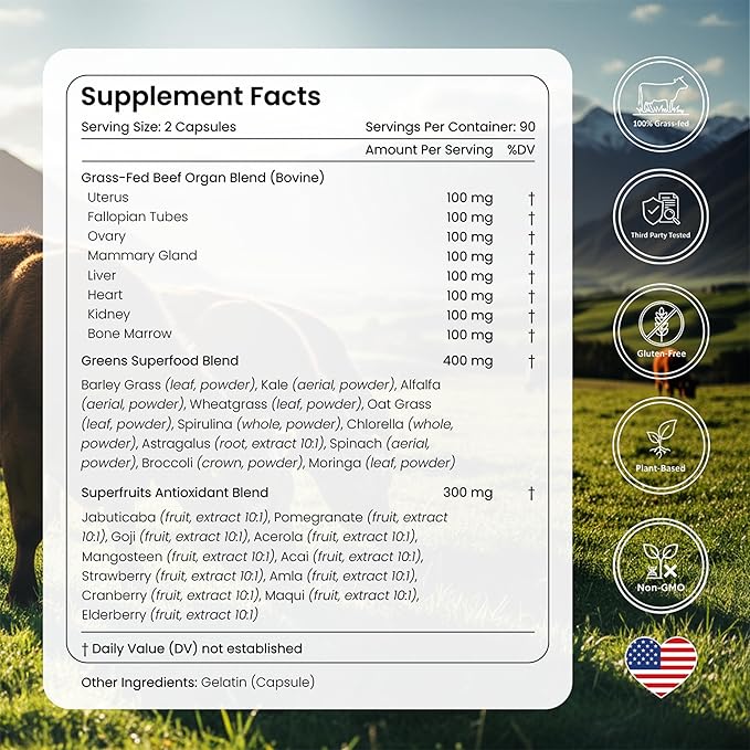 Grass Fed Beef Organ Supplement for Women with Super Greens & Antioxidant Fruits – 60+ Bioavailable Nutrients for Hormone Balance, Cycle Comfort, Primal Energy, Immunity, Hair & Skin – 3 Month Supply