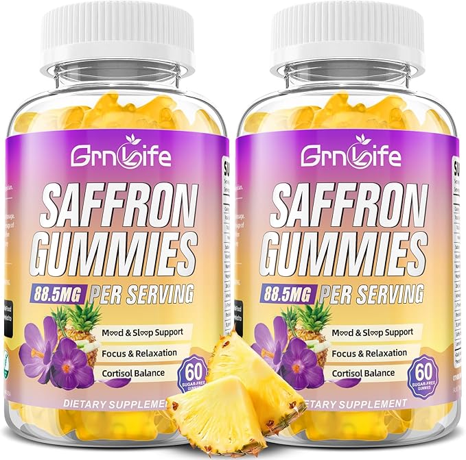 2 Pack Saffron Gummies for Kids & Adults, 10-in-1 Saffron Supplements with 88.5mg Saffron Extract Support Calm Mind & Focus & Zzz, Sugar Free, Pineapple Flavor, 120 Count