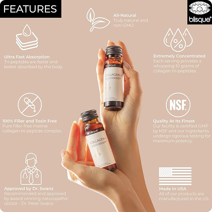 Blisque - Liquid Collagen Tri-Peptide Complex | with Biotin and Hyaluronic Acid | for Hair, Skin, and Nails | 10 Bottles | 10-Day Supply