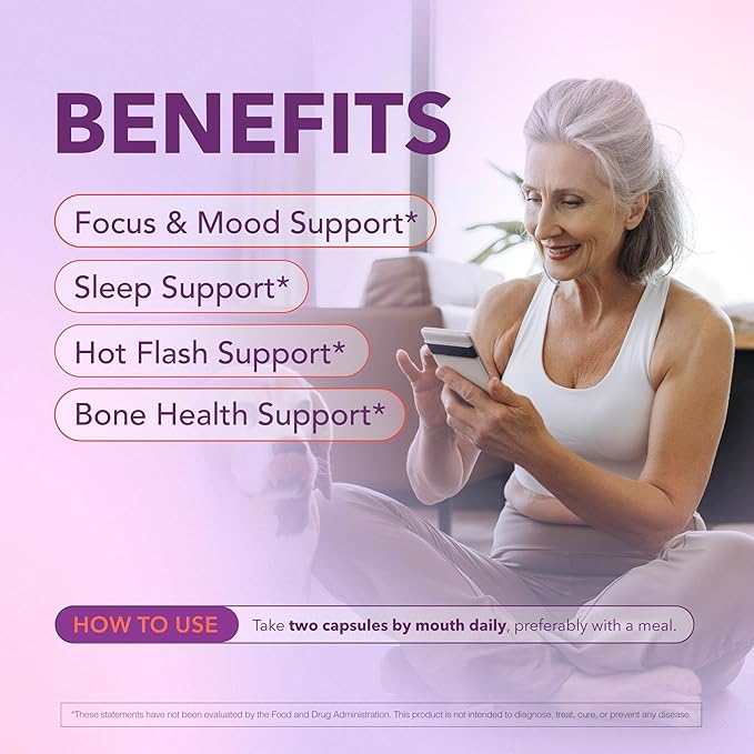 Menopause Support Supplement for Women, Hot Flash, Sleep, Mood & Focus Support, Hormone-Free with Maca, Ginseng, Chamomile & Saffron, Non-GMO, 60 Capsules, 30 Day Supply
