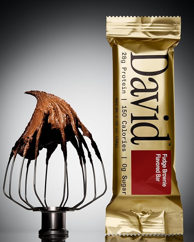 David Protein Bar, Fudge Brownie, 24 Protein Bars | 28g of Protein | 150 Calories | 0g of Sugar - High Protein, Low Carb, Gluten Free Protein Bar, Pack of 24