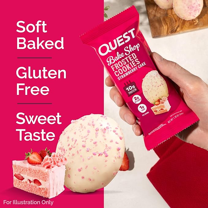 Quest Nutrition Frosted Cookies Twin Pack, Strawberry Cake, 1g Sugar, 10g Protein, 2g Net Carbs, Gluten Free, 16 Cookies, (Pack of 2)